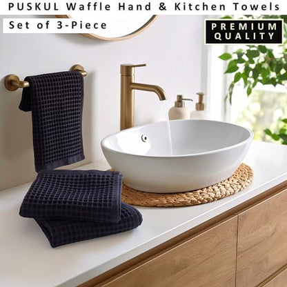 PÜSKÜL Natural 100% Turkish Cotton Waffle Kitchen and Hand Towels, 3-Piece | Black, 32x16" Large, Premium 3D Honeycomb Weave Soft Absorbent Quick-Dry Lint-Free Dish Towel, Oeko-Tex Made in Turkey - color: Black, size: Kitchen & Hand Towels Pack of 3