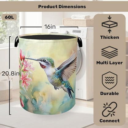 Summer Hummingbird Laundry Basket with Handles - Extra Large Foldable Hamper for Bathroom/Laundry/Bedroom/Dorm, Washable Fabric Storage Bin - color: Summer Hummingbird
