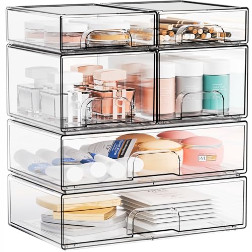Clear Stackable Storage Drawers - Set of 6 - Acrylic Drawers,Bathroom Organizer Bin and Plastic Makeup Organizer,Clear Stacking Brightroom Storage Boxes for Vanity,Cabinet,Pantry Organization - style: 6 PACK（3 Size）
