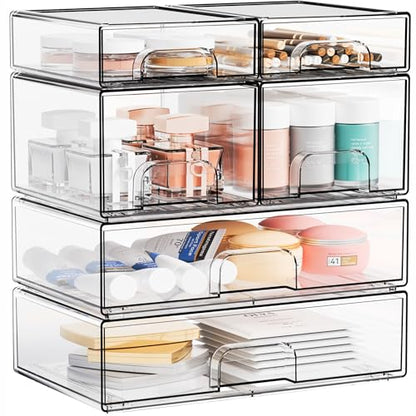 Clear Stackable Storage Drawers - Set of 6 - Acrylic Drawers,Bathroom Organizer Bin and Plastic Makeup Organizer,Clear Stacking Brightroom Storage Boxes for Vanity,Cabinet,Pantry Organization - style: 6 PACK（3 Size）