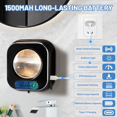 Automatic Soap Dispenser, 320ML Touchless Smart Hand Soap Dispenser, 5 Adjustable Soap Levels, Rechargeable Wall Mounted Electric Foam Soap Dispenser for Bathroom Kitchen Office (Black) - color: Black