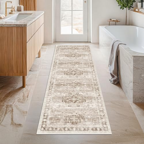 Hazo Haus Boho Long Bathroom Runner Rug 24 x 72 Washable Non Slip - Soft Stain Reistant Rugs for Kitchen, Laundry Room, Hallway Runner - Neutral Floral Design Décor (2x6 Beige/Latte) - color: Latte / Beige, size: 2' x 6' (Runner)