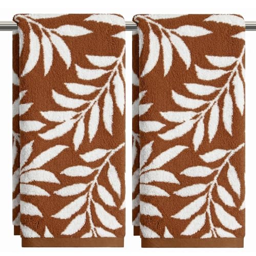 Artoid Mode 2 Pcs Beige Caramel Leaves Jacquard Hand Towels for Bathroom, 100% Cotton Soft Absorbent Bathroom Decor Towels, 13.7 x 29.5 Inch - color: Beige/Caramel, size: 13.7" x 29.5", 2PCS