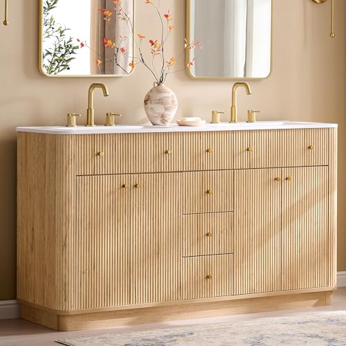T4TREAM 60" Fluted Bathroom Vanity with Double Sink, Natural Oak | Integrated Resin Sink, 2 Large Storage Cabinets, Adjustable Shelf, 3 Drawers, Three pre-drilled faucet holes, Mid-Century - color: Natural Oak, size: 60" (Bouble Sink)