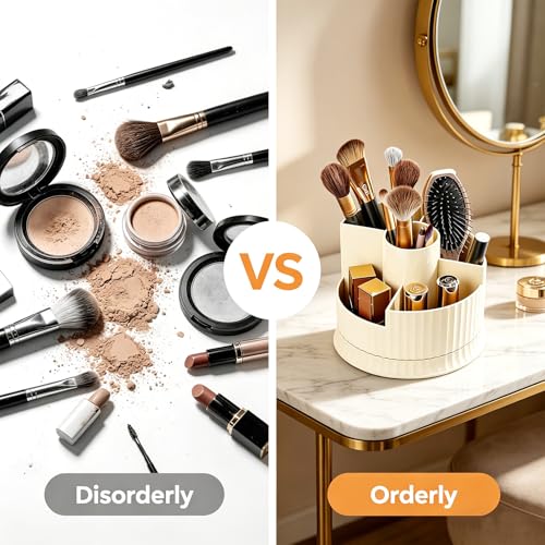 360° Rotating Makeup Brush Holder, 5-Compartment Spinning Cosmetics Organizer Cup for Vanity, Creamy White Desktop Storage for Skincare & Bathroom Accessories