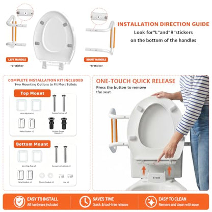 Huttdmel Round Raised Toilet Seat with Handles, 2.8" Elevated Toilet Seat Riser, Soft Close, Quick Release, Non-Slip Heavy Duty Bathroom Safety Seat for Seniors, Elderly, Disabled & Post Surgery