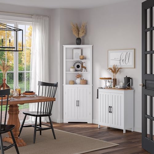 RiverRidge Monroe Two-Door Bathroom Floor Storage Cabinet - White | Linen Cabinet with Adjustable Interior Shelf and Soft Close Hinges, Matte Black Handles