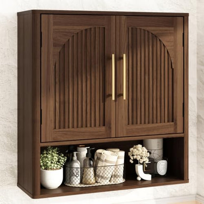 RUSTOWN Fluted Bathroom Wall Cabinet with Arched Doors & Rounded Edges | Over The Toilet Storage Cabinet with Adjustable Shelf, Mid Century Modern Medicine Cabinets, Laundry & Kitchen Shelving Unit - color: Dark Walnut