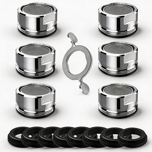 E-TING 6 Pack M24 Male Thread Faucet Aerator Kitchen Sink Replacement | Brass shell 24mm 15/16 inch high flow aerators, equipped with gaskets & wrench, fits bathroom and kitchen sink taps