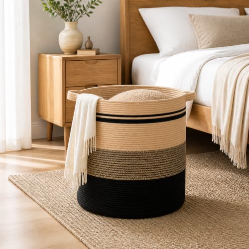 OIAHOMY 80L Laundry Baskets-Laundry Hamper,Storage Basket with Handles,Decorative Basket for Living room,Woven Storage Basket for Toys Bin,Pillows, Blankets,Clothes-20x18in-Yellow Black | Tall Dirty Clothes Hamper with Handle,Blanket Basket,Decorative Bas