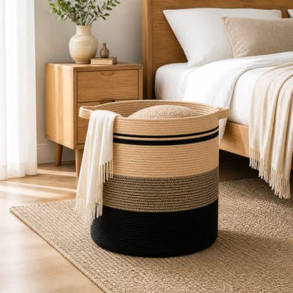 OIAHOMY 80L Laundry Baskets-Laundry Hamper,Storage Basket with Handles,Decorative Basket for Living room,Woven Storage Basket for Toys Bin,Pillows, Blankets,Clothes-20x18in-Yellow Black | Tall Dirty Clothes Hamper with Handle,Blanket Basket,Decorative Bas
