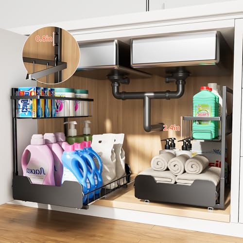 Under Sink Organizer, 2-Tier L-Shaped Pull Out Cabinet Shelf with 2 Installation Methods, Adjustable Sliding Storage Drawer for Kitchen, Bathroom, Laundry, Metal, Black - size: 1 Pack