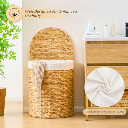 Half Round Wicker Laundry Hamper with Lid and 2 Removable Liner Bags, Handwoven Natural Water Hyacinth Laundry Basket for Dirty Clothes, Natural - color: Natural, size: 120L