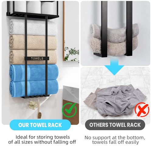 STWWO Bathroom Towel Storage Rack, 31” Towel Organizer with Storage Basket | Metal Bathroom Towel Holder with Shelf, Towel Rack with 3 Hooks for RV, Apt, Small Bathroom, Holds 5 Large Towels, Black