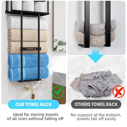 STWWO Bathroom Towel Storage Rack, 31” Towel Organizer with Storage Basket | Metal Bathroom Towel Holder with Shelf, Towel Rack with 3 Hooks for RV, Apt, Small Bathroom, Holds 5 Large Towels, Black