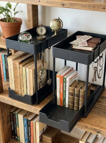 Set of 2 Under Sink Organizer, 2-Tier Black Plastic Storage Rack | Sliding Drawer, For Kitchen and Bathroom