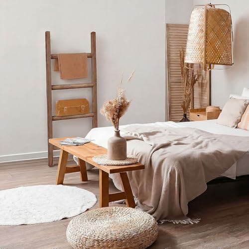 CroBlissful 3 Panel Blanket Ladder, 56.7" H Rustic Wood Quilt Display Rack, Foldable Free Standing Towel Ladder with 9 Hooks, Decorative Blanket Holder for Living Room Bedroom Bathroom Farmhouse Decor