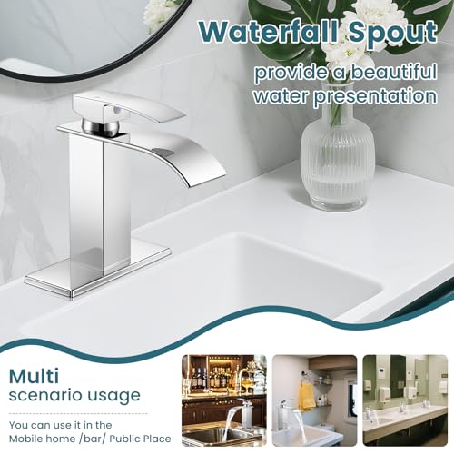 Bathroom Faucets Chrome Waterfall Single Handle Bathroom Sink Faucet | with Pop-up Drain & Deck,Supply Hoses,Chrome Single Handle Vanity Faucet,Stainless Steel,1 or 3 Hole,RV,Fits Home,Bathroom - color: A-Chrome, style: Short
