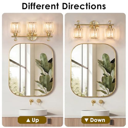 3-Light Gold Bathroom Light Fixtures | Modern K9 Crystal Vanity Lights, Wall Sconce, Stainless Steel Base, Elegant Bathroom & Bedroom Lighting - color: Gold, size: Round-3-Light
