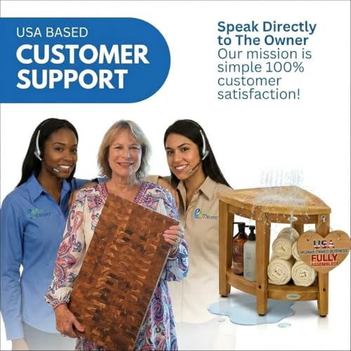 EcoDecors 18” Teak Corner Shower Stool –Waterproof Bench, Space-Saving Bathroom Seat | Compact Teak Shower Stool for Inside Shower | Sturdy 300 Pound Capacity with Shelf & Adjustable Feet | Corner teak shower bench supports up to 350 lb with adjustable no
