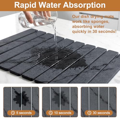 3 Large Stone Drying Mat for Kitchen Counter Black Quick Dry Stone Dish Mat | Diatomaceous Earth Dish Drying Pad for Kitchen Sink Foldable Diatomite Absorbent Tray Countertop Dishes Drainer Mats - color: Gray Marble