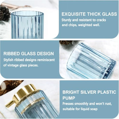 CERBIOR Bathroom Accessories Set, 4 PCS Glass Bathroom Set,Golden Blue | Includes Soap Dispenser, Toothbrush Holder, Toothbrush Cup, Soap Dish for Decorative Countertop and Housewarming Gift - style: Grey Blue