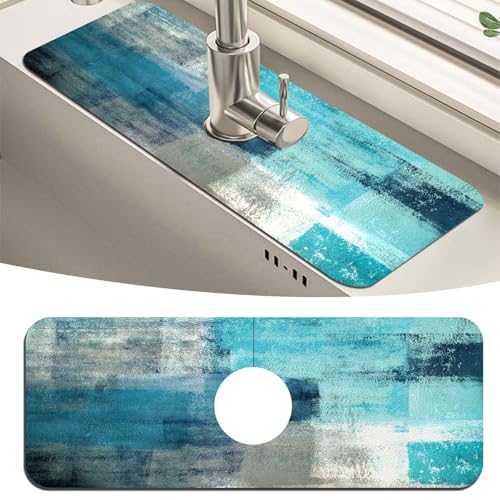 MCALK Turquoise Kitchen Sink Faucet Mat Splash Guard, Absorbent Quick-Dry Kitchen Sink Mat - Ideal for Splash Guard & Drip Catching with Abstract Art Decor( 1pc 15"x5.5") - color: 01Turquoise