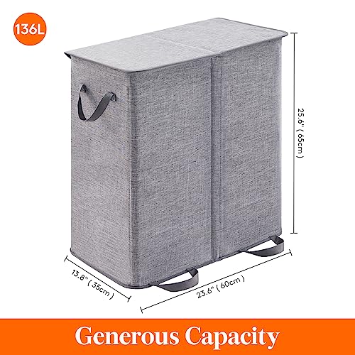 Lifewit Double Laundry Hamper with Lid and Removable Laundry Bags, Large Collapsible 2 Dividers Dirty Clothes Basket with Handles for Bedroom, Laundry Room, Closet, Bathroom, College, 136L Gray - color: Gray, size: 136L