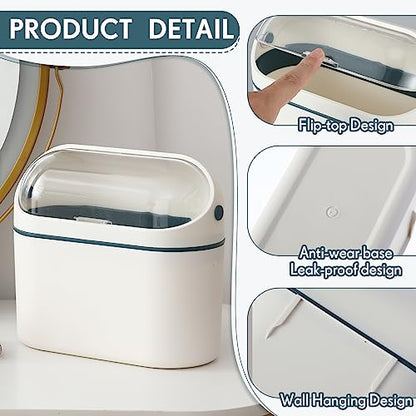 Bokon 2 Pack Mini Trash Can with Lid, 0.5 Gal Small Wall Mounted Trash Bin for Bathroom Vanity, Desk, Countertop, Cabinet Door and Office, Includes 120 Trashbags, White