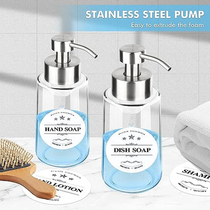 2 Pack Glass Foam Soap Dispenser Set, 15 Oz Rust-Proof Stainless Steel Pump, with Waterproof Labels for Kitchen & Bathroom Countertop, Hand and Dish Soap - color: 2 Pcs With Label