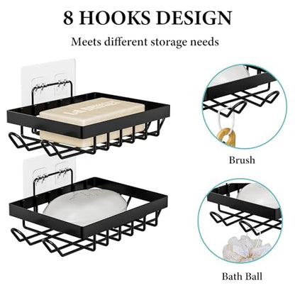 Vowupt Soap Bar Holder for Shower with 8 Hooks, Set of 2 Bar Soap Dish for Bathroom, Self Draining Shower Soaps Holder, Adhesive Soaps Saver Soap Tray Stand for Bathroom Accessories(Black)