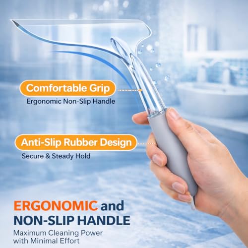 Shower Squeegee for Glass Shower Doors Bathroom Tile Mirror – Streak-Free Silent Window Cleaner with Non-Slip Handle and Adhesive Hook for Car and Home Cleaning
