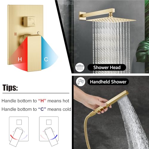 Midanya Shower Faucet Set with Handheld Sprayer,12 Inch,Brushed Gold | Rough-in Shower Valve and Trim Kit Included,Square Rain Head,Wall Mount Shower System,All Metal,Bathroom - color: Gold, size: 12 Inch