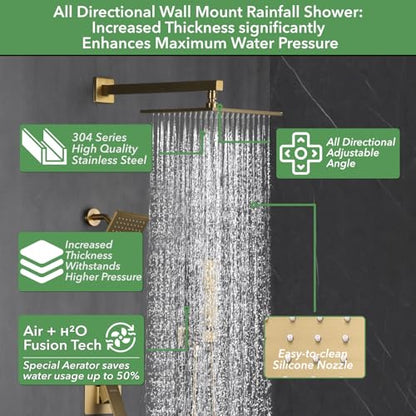 VANFOXLE Shower Faucet Set Brushed Gold Shower System, Push Button Diverter | 10 Inch Wall Mount Rain Head Increased Thick, 6 Inch Side Head, 2-in-1 Handheld Sprayer, Solid Brass Valve, Rust Resistant - color: Brushed Gold