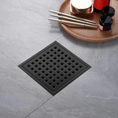 Shower Drain, Matte Black 6 inch Square Shower Floor Drain with Flange, Removeable Grid Panel SUS 304 Stainless Steel Square Shower Drain - color: Matte Black, size: 6 inch