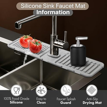 Silicone Faucet Mat 2 Pack - 40x12cm Grey Kitchen Sink Splash Guard and Drying Pad for 3.5-6cm Faucets. Anti-Slip Design with Fast Drainage for Counter Protection, Grey