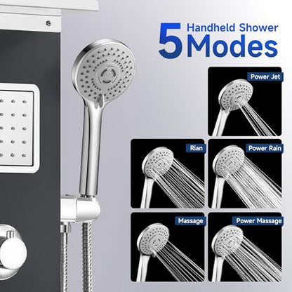 Shower Panel Tower System with Shelf, Tub Spout, Total 4 Body Spray & 5 Handheld Settings, Adjustable Height, Rainfall + Waterfall Shower Head Body Jet Massage
