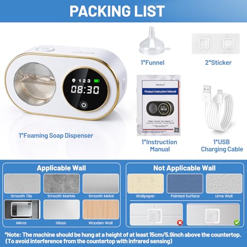 Automatic Soap Dispenser, 320ML Touchless Smart Hand Soap Dispenser, 3 Adjustable Soap Levels, Rechargeable Wall Mounted Electric Foam Soap Dispenser for Bathroom Kitchen Office (White - T1) - color: White - T1