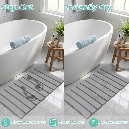 Foldable Stone Bath Mat, Diatomaceous Earth Non-Slip Shower Mat, Super Absorbent Quick Dry Bathroom Floor Mat, Compact for Small Bathrooms, 23.6 x 15.4 Inch, Grey