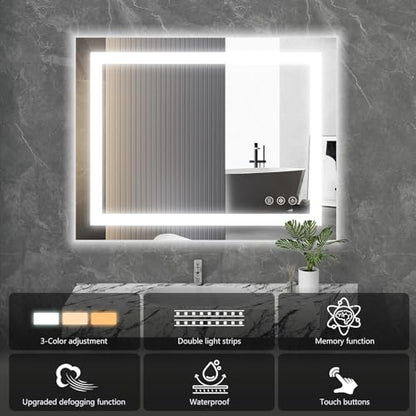 Sweetcrispy 24"x 32" Smart Anti-Fog LED Bathroom Mirror with Lights and Front Light & Backlit, 3 Color Temperatures, Dimmable, Memory Function, Rectangle Modern Vanity Mirror