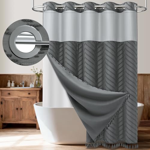Charcoal Grey Hook Free Chevron Shower Curtain with Liner,72x87 | Less Time to install, 3 in 1 Fabric Shower Curtain and Liner Set with Magnets, Extra Long, Shower Curtains for Bathroom - color: Charcoal Grey, size: 72"W x 87"L (Pack of 1)