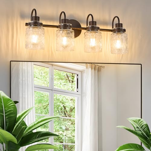 4 Lights Bathroom Vanity Light, Oil Rubbed Bronze Bathroom Light Fixtures with Hammered Glass Lampshade for Dressing Table,Over Mirror,Hallway - color: Oil-Rubbed Bronze, size: 4 Lights
