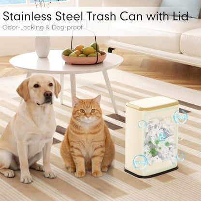 Bathroom Trash Can with Lid, 8L/2.1 Gallon Beige Trash Can Small Garbage Can with Press Top Lid Slim Stainless Steel Garbage Can with 100 Counts Trash Bags for Bathroom Bedroom Kitchen Office Toilet - color: Beige, size: Press-Top Trash Can