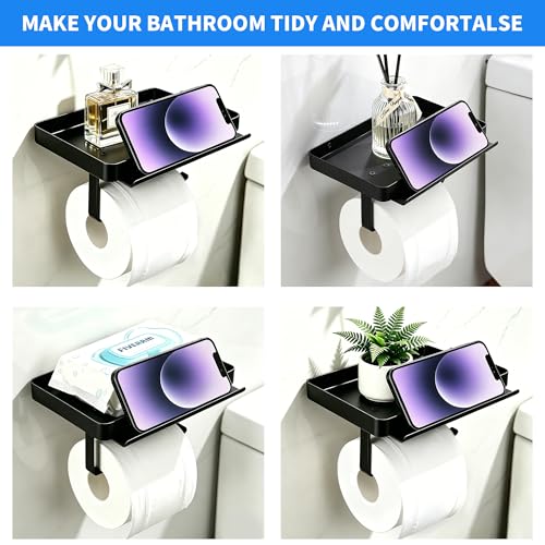 YIGII Toilet Paper Holder with Large Capacity Wide Phone Shelf, Matte Black | Large Wet Wipes Storage, Rustproof Stainless Steel Wall Mount Design for Bathroom, Washroom, Easy Access Organization - color: Deep Black