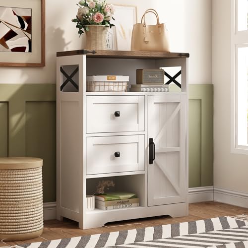 Fameill White Farmhouse Storage Cabinet with 2 Drawers & Shelves | Freestanding Kitchen Cabinet with Barn Doors, Floor Storage Organization For Living Room, Bathroom, Laundry - color: White, size: 27.5 "L