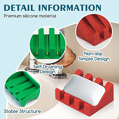 Self Draining Silicone Soap Dish Holder Waterfall Tray, 2 Pack Red Green | Waterfall design drains fast to keep soap dry, non-slip silicone base anti slide, soap saver for bathroom & kitchen - color: Red-green, size: 2