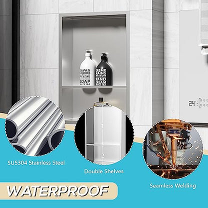 Qeke 12" x 18" Stainless Steel Shower Niche w/Double Shelves, Brushed Nickel - color: Brushed Nickel, size: 12X18"
