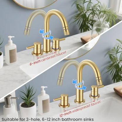 Brushed Gold Bathroom Sink Faucet 3 Hole with Pull Down Sprayer | Lead-free stainless steel, pop-up drain, 2-handle, 360°swivel, 8-inch widespread Faucet for RV/vanity sink, 3-hole mount - color: Brushed Gold, style: 8 Inch Pull Down