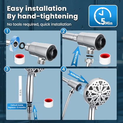 High Pressure Magnetic Filtered Shower Head with Handheld, Chrome | Detachable Showerhead with 72-Inch Hose, 10 Mode, Power Jet, 5-Inch Face, Anti-Clog Nozzles, Hard Water Softening Filter