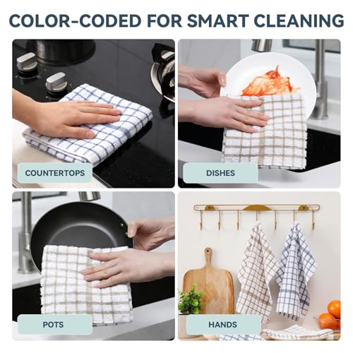 Egles 16 Pack Kitchen Dishcloths, 100% Cotton Dish Cloths, 12 x 12 Inch | Terry Dish Towel Set with Hanging Loop; Soft, Absorbent, Quick Drying and Reusable Grid Dishrag - color: Grey & Khaki, size: 12"x12" - 16 pcs